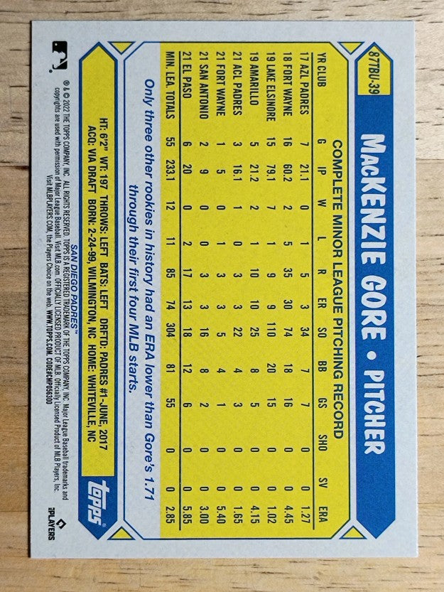 2022 Topps Update '87 Topps #87TBU39 MacKenzie Gore