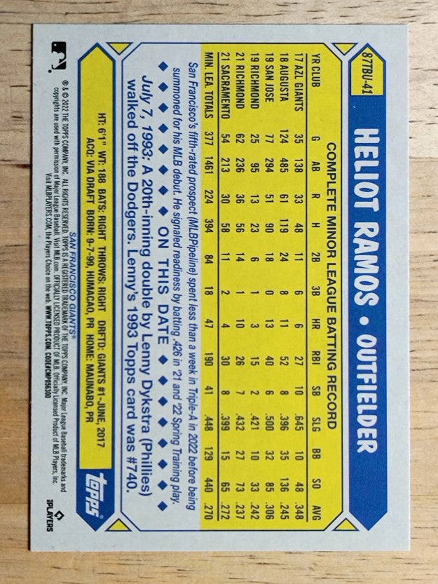 2022 Topps Update '87 Topps #87TBU41 Heliot Ramos