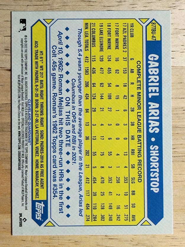 2022 Topps Update '87 Topps #87TBU47 Gabriel Arias