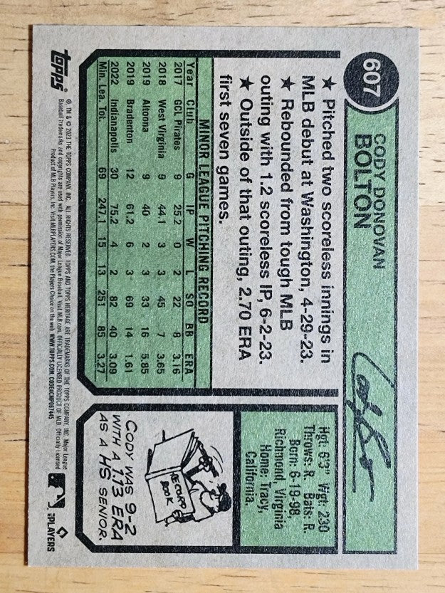2023 Topps Heritage #607 Cody Bolton RC