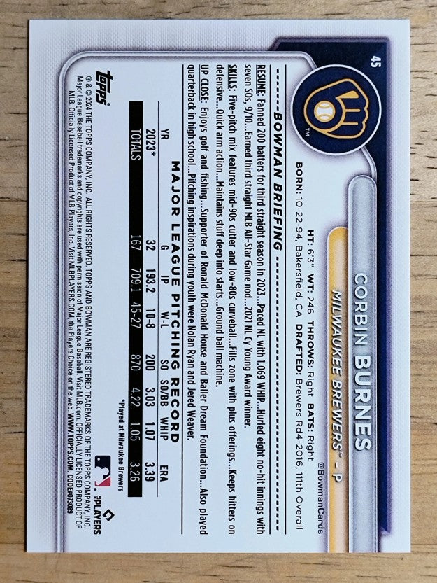 2024 Bowman #45 Corbin Burnes
