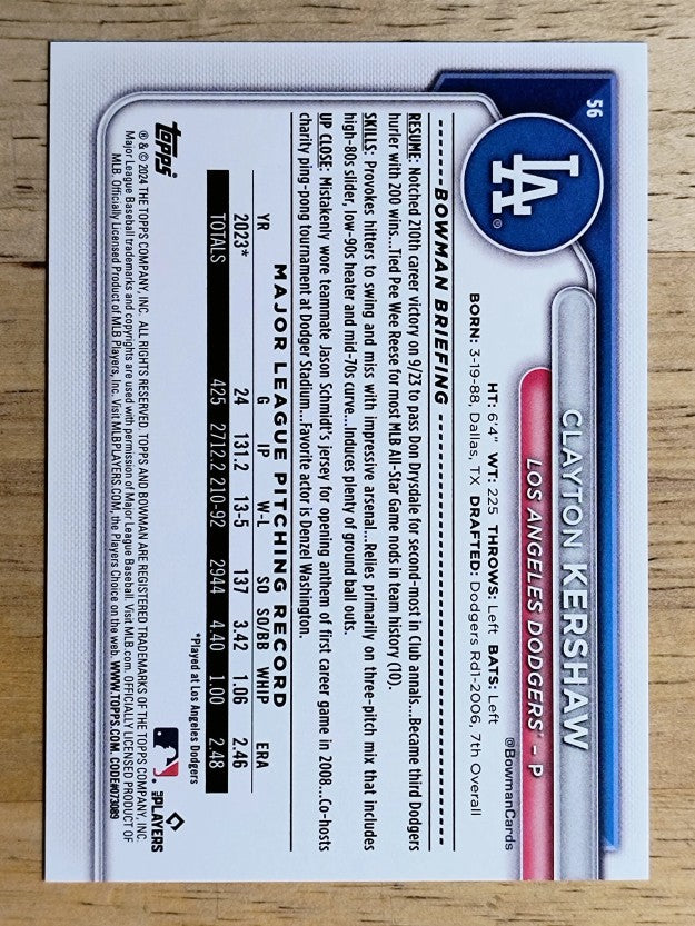 2024 Bowman #56 Clayton Kershaw
