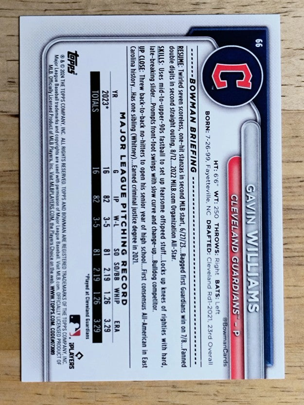 2024 Bowman #66 Gavin Williams RC
