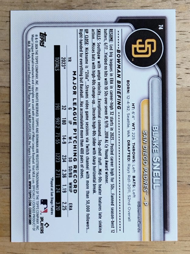 2024 Bowman #74 Blake Snell