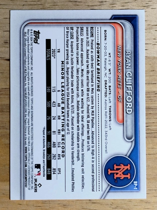 2024 Bowman Prospects #BP1 Ryan Clifford