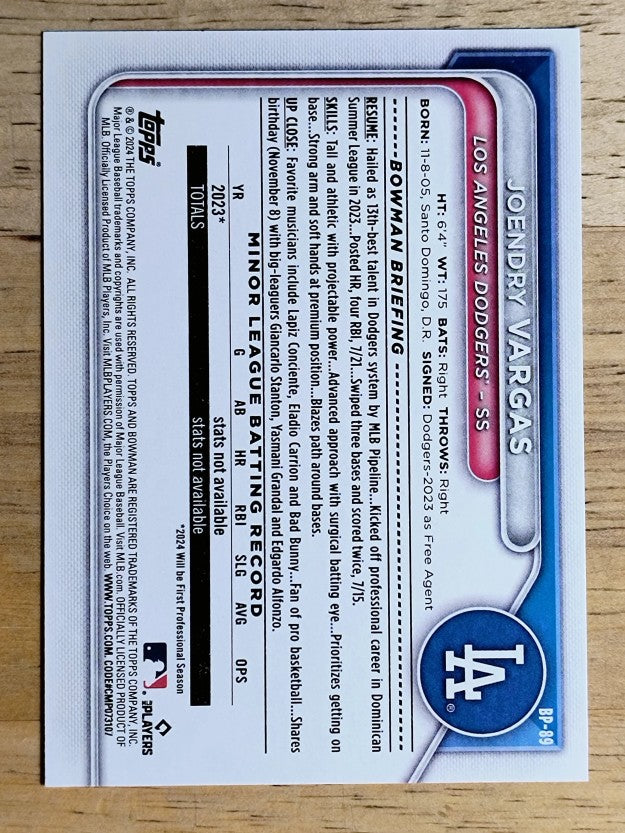 2024 Bowman Prospects #BP89 Joendry Vargas