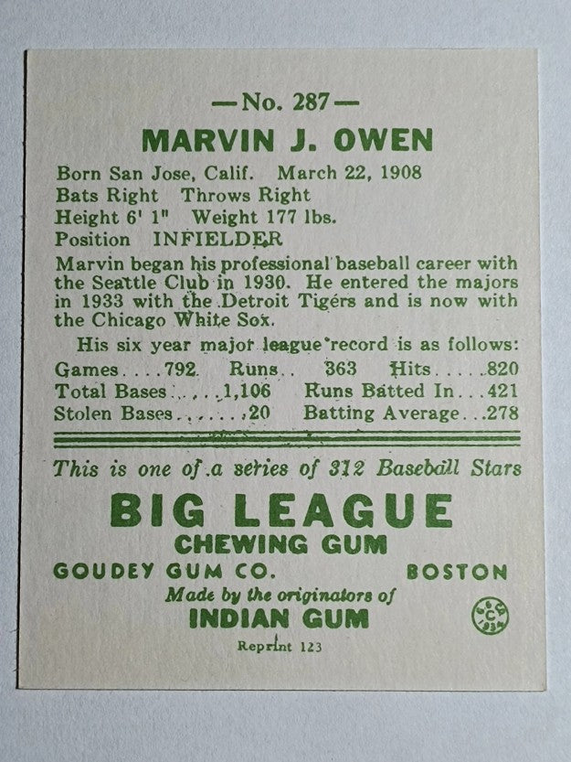 1976 TCMA Goudey Reprints #287 Marv Owen 1938 Goudey (NM)
