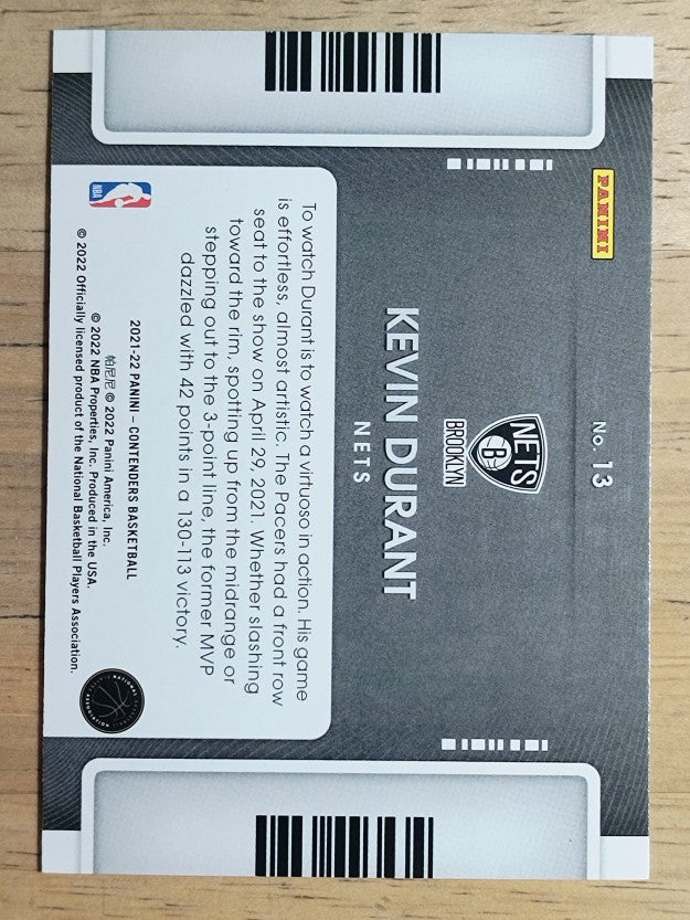 2021-22 Panini Contenders Game Night Ticket #13 Kevin Durant