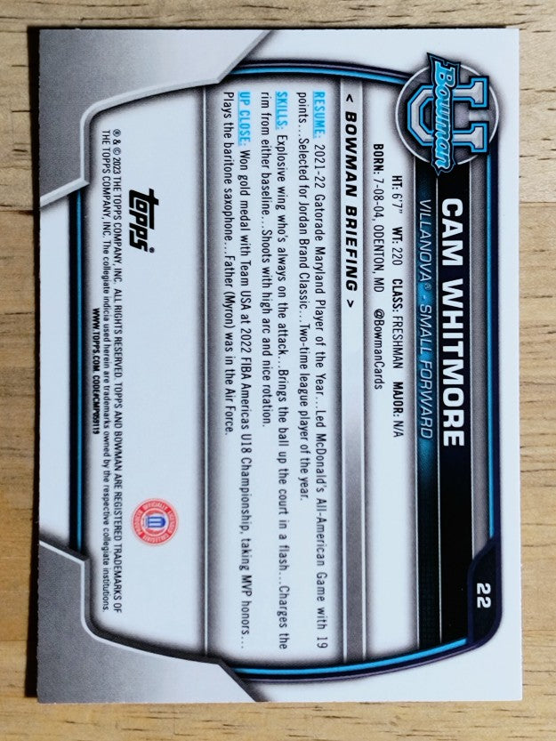 2022-23 Bowman Chrome University #22 Cam Whitmore