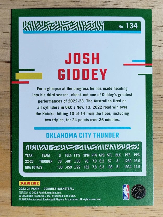 2023-24 Donruss Holo Green Laser #134 Josh Giddey