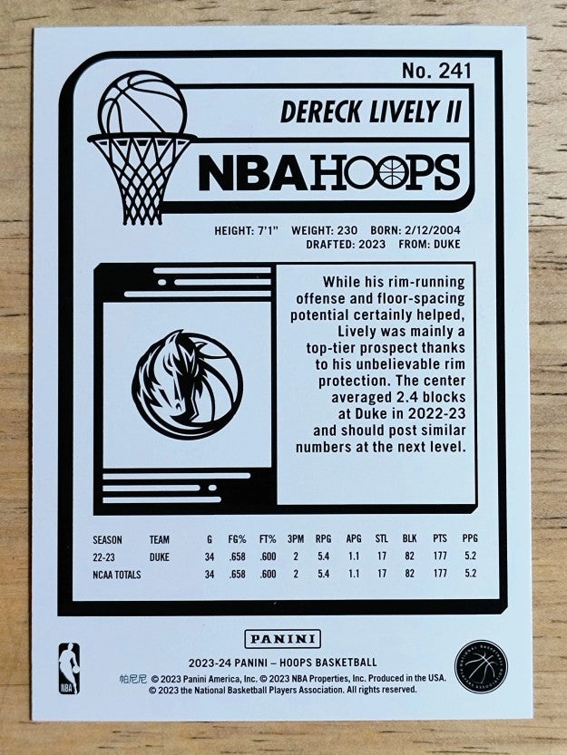 2023-24 Hoops #241 Dereck Lively II RC