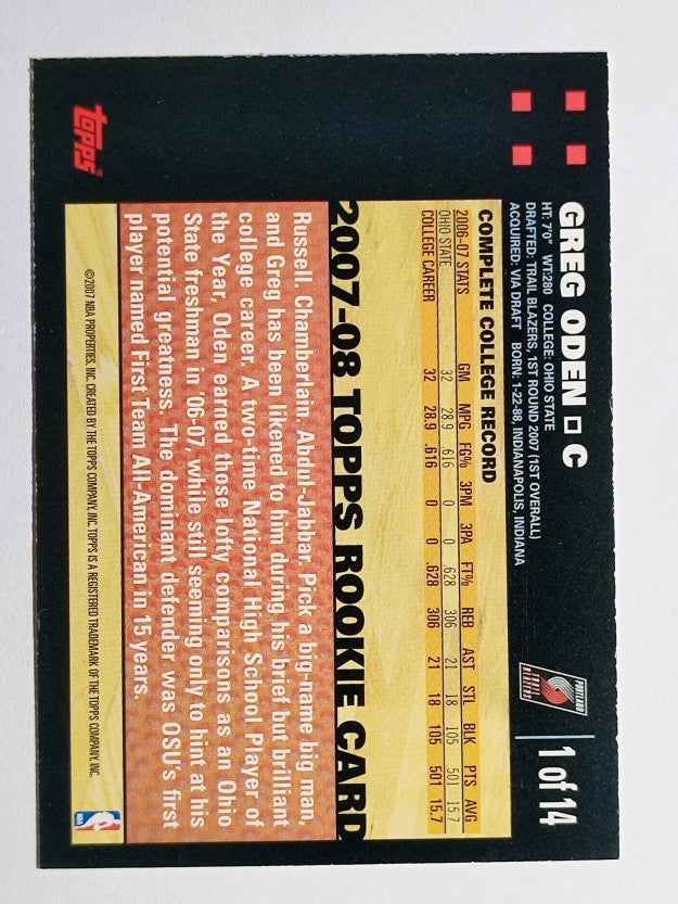 2007-08 Topps Rookie Set Orange #1 Greg Oden