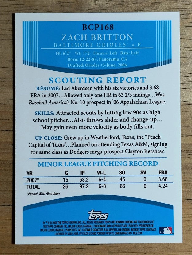 2008 Bowman Chrome Prospects #BCP168 Zach Britton