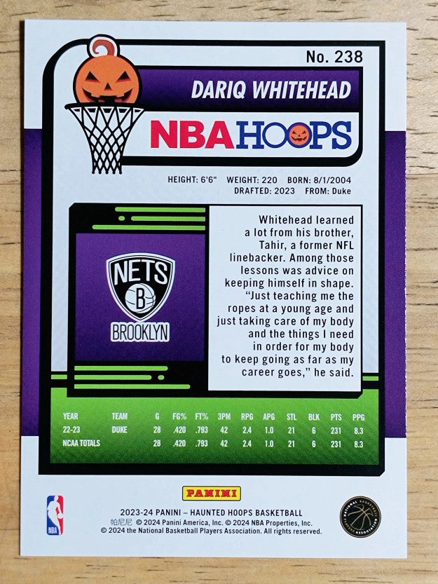 2023-24 Hoops Haunted Hoops Orange #238 Dariq Whitehead