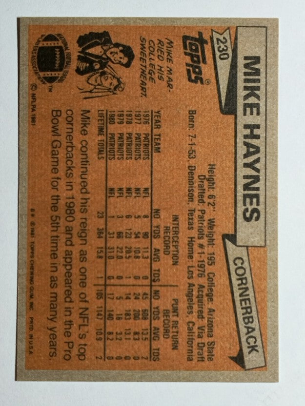 1981 Topps #230 Mike Haynes