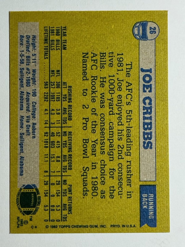 1982 Topps #26 Joe Cribbs