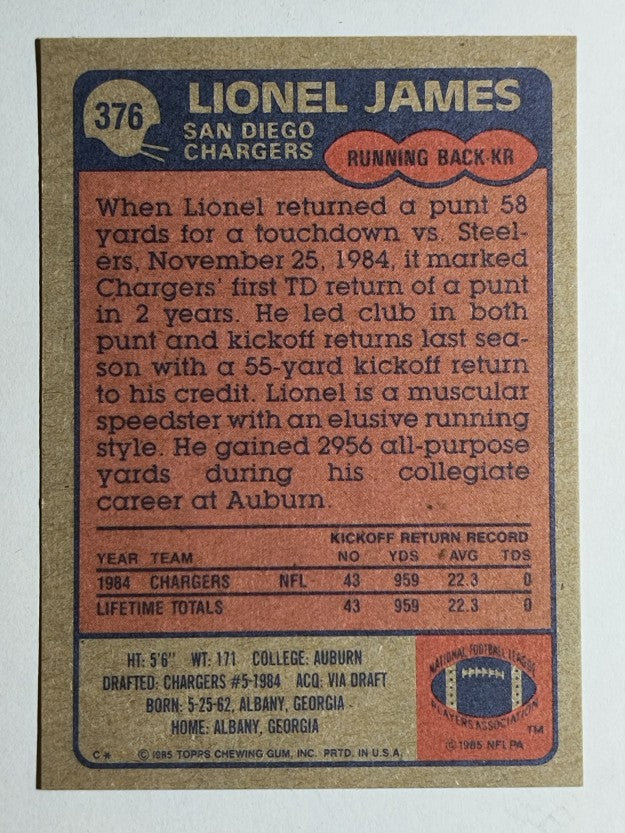 1985 Topps #376 Lionel James RC