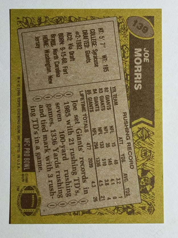 1986 Topps #139 Joe Morris