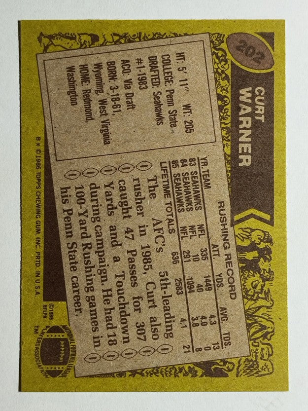 1986 Topps #202 Curt Warner