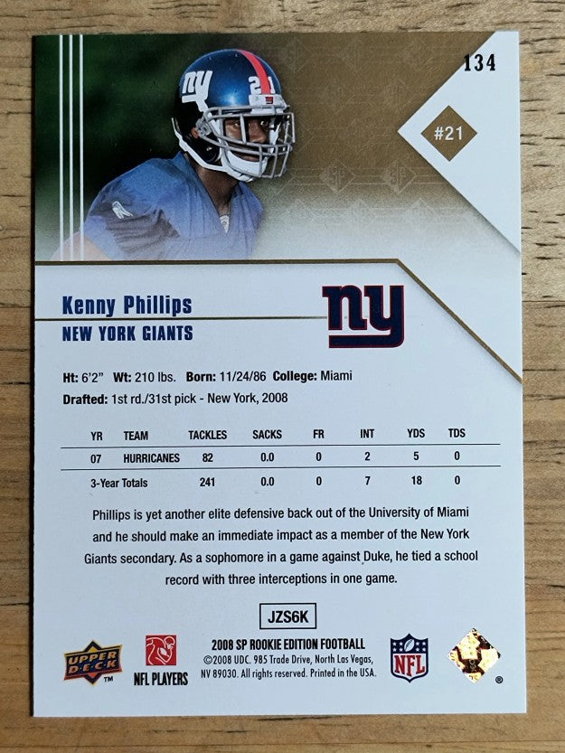 2008 SP Rookie Edition #134 Kenny Phillips RC