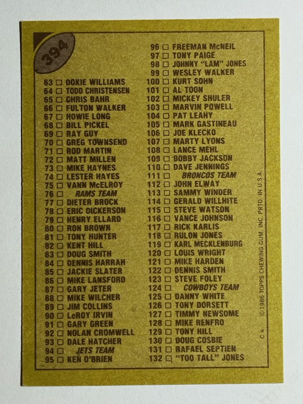 1986 Topps #394 Checklist 1-132