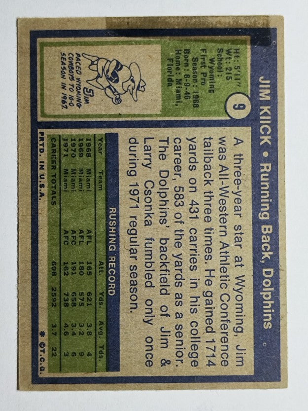 1972 Topps #9 Jim Kiick (POOR)
