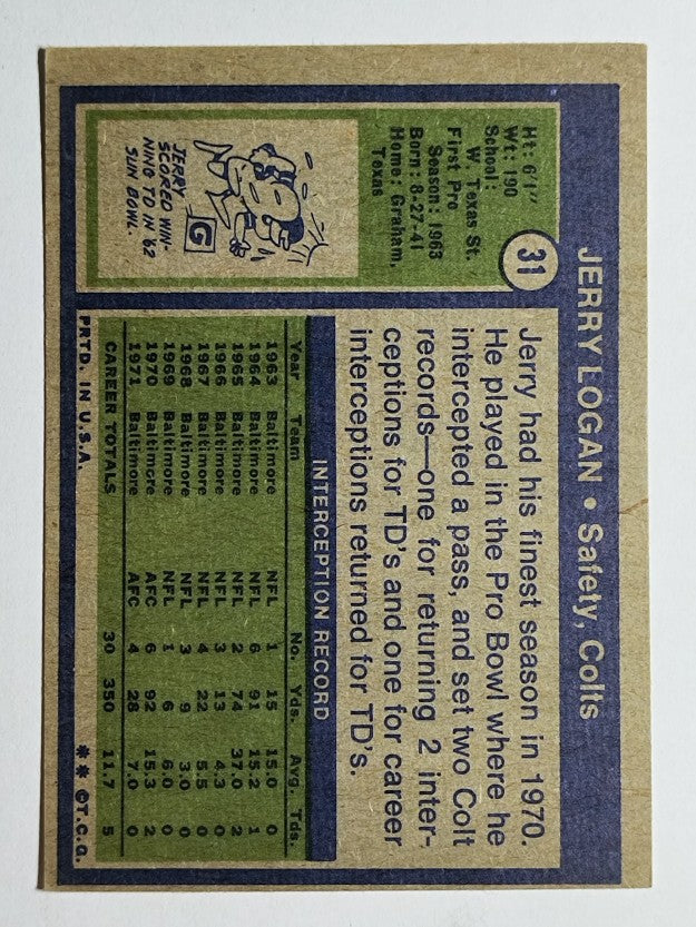 1972 Topps #31 Jerry Logan (EX)