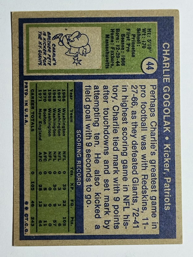 1972 Topps #44 Charlie Gogolak (EXMT)