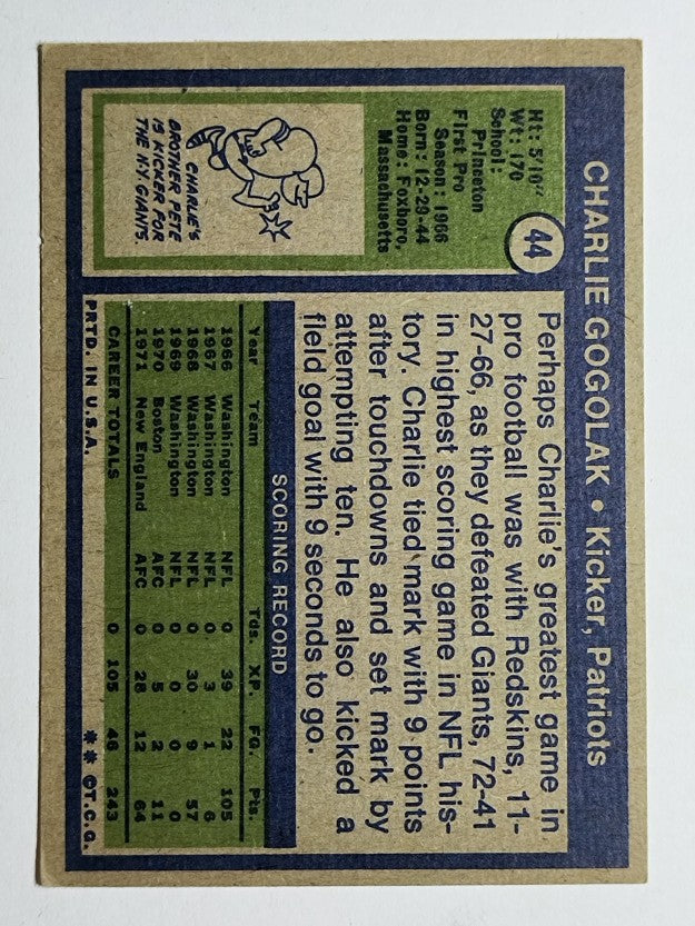 1972 Topps #44 Charlie Gogolak (EX)