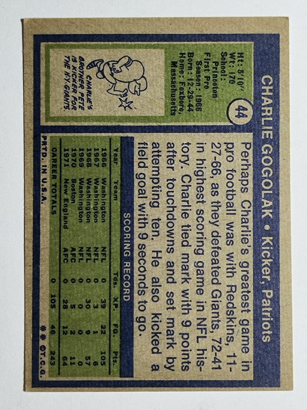 1972 Topps #44 Charlie Gogolak (EX)