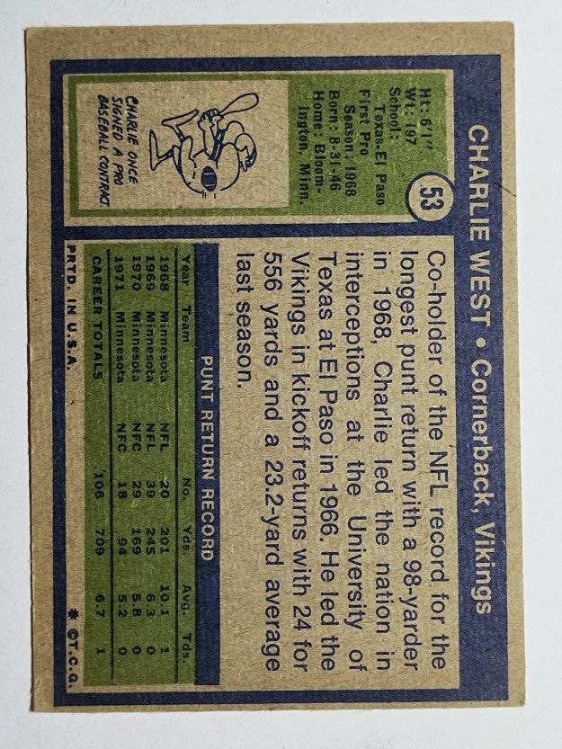 1972 Topps #53 Charlie West RC (VG)