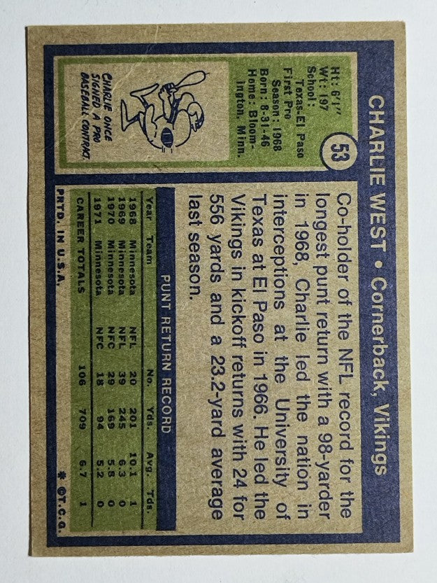 1972 Topps #53 Charlie West RC (VG)