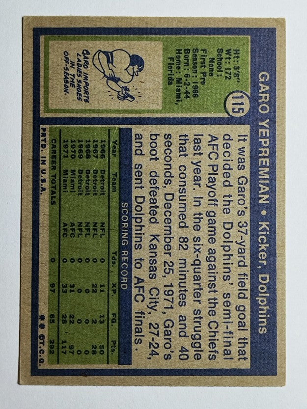 1972 Topps #115 Garo Yepremian (EX)