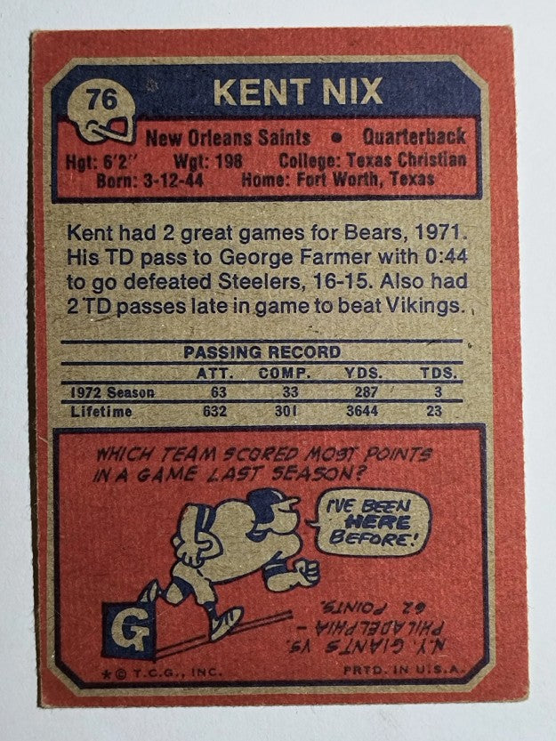 1973 Topps #76 Kent Nix RC (VGEX)