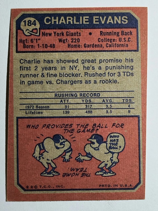 1973 Topps #184 Charlie Evans RC (EX)