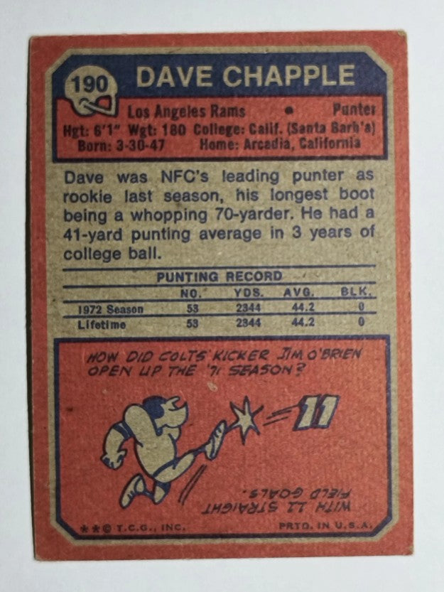 1973 Topps #190 Dave Chapple RC (VG)