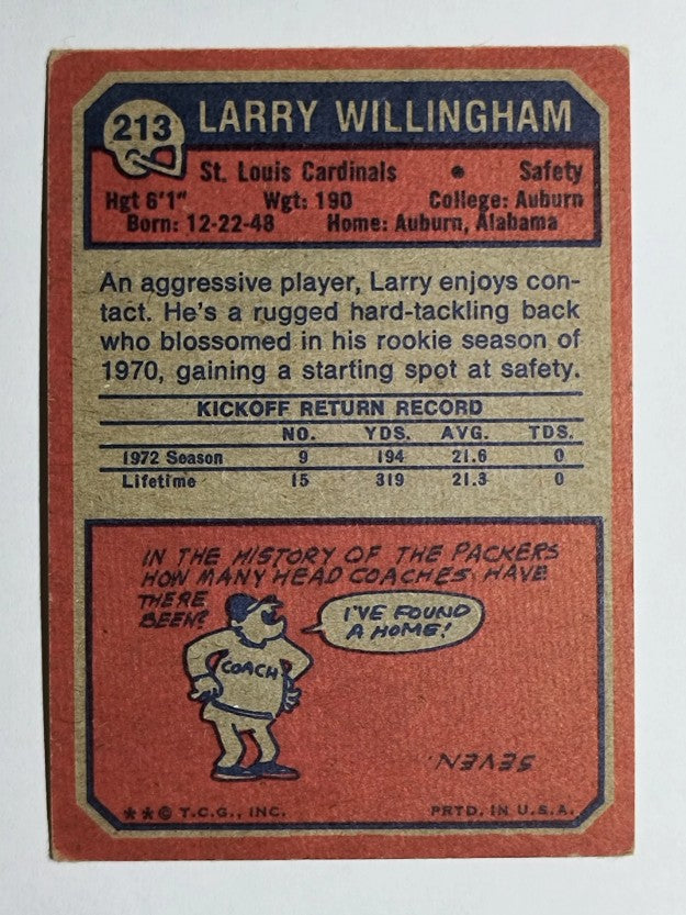1973 Topps #213 Larry Willingham RC (VGEX)