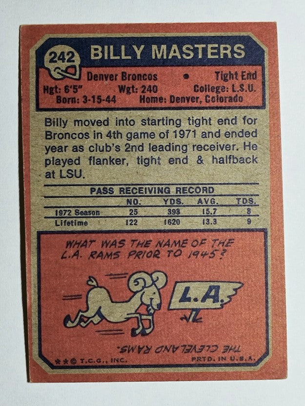1973 Topps #242 Billy Masters RC (VGEX)