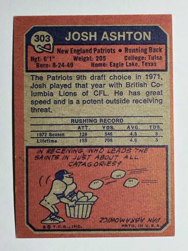 1973 Topps #303 Josh Ashton RC (EX)