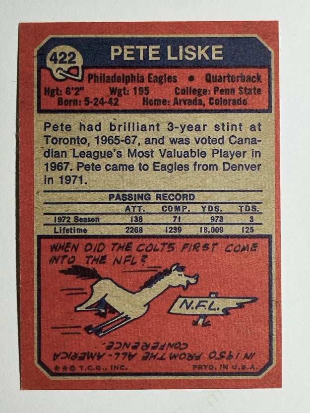 1973 Topps #422 Pete Liske (trimmed)