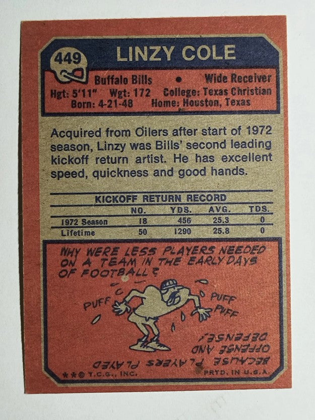 1973 Topps #449 Linzy Cole (EX)
