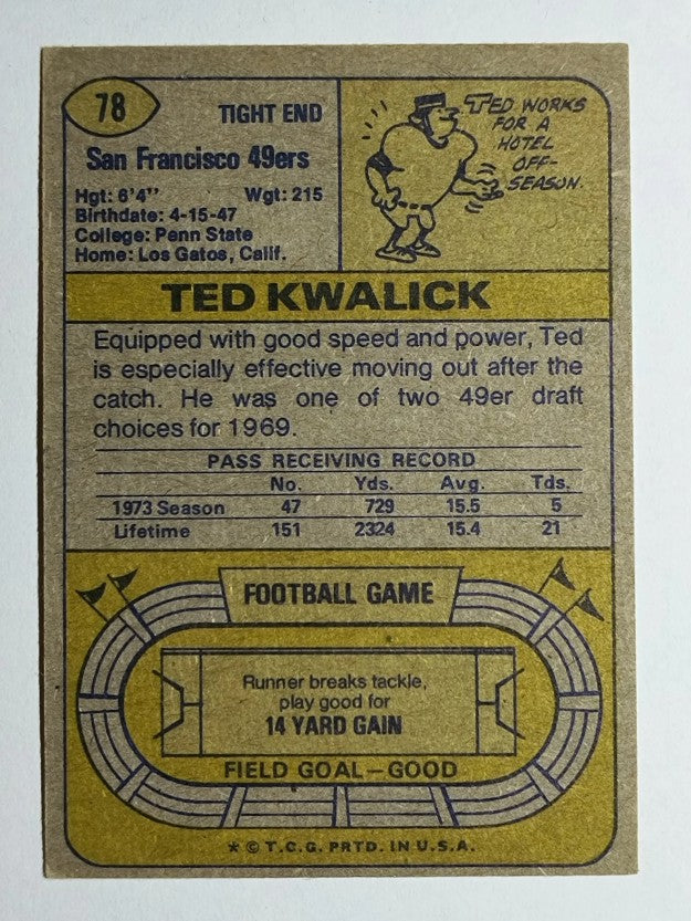 1974 Topps #78 Ted Kwalick (VGEX)