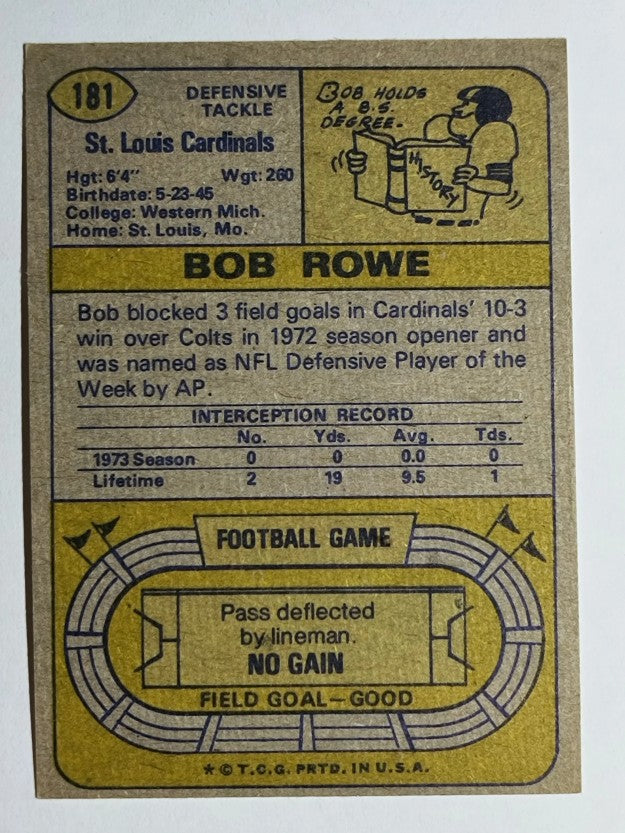 1974 Topps #181 Bob Rowe RC (NM)