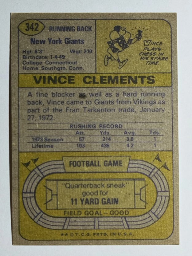 1974 Topps #342 Vince Clements RC (EXMT)