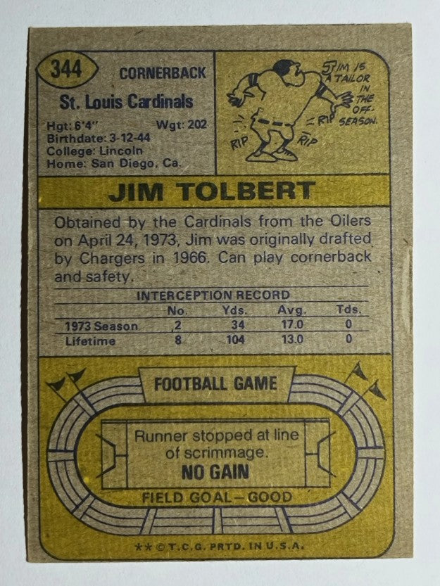 1974 Topps #344 Jim Tolbert RC (VGEX)