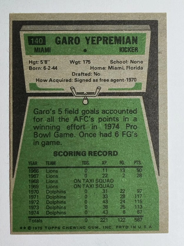 1975 Topps #140 Garo Yepremian (EX)