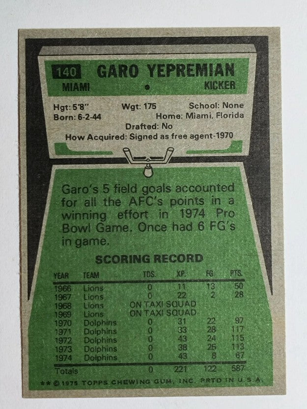 1975 Topps #140 Garo Yepremian (EXMT)
