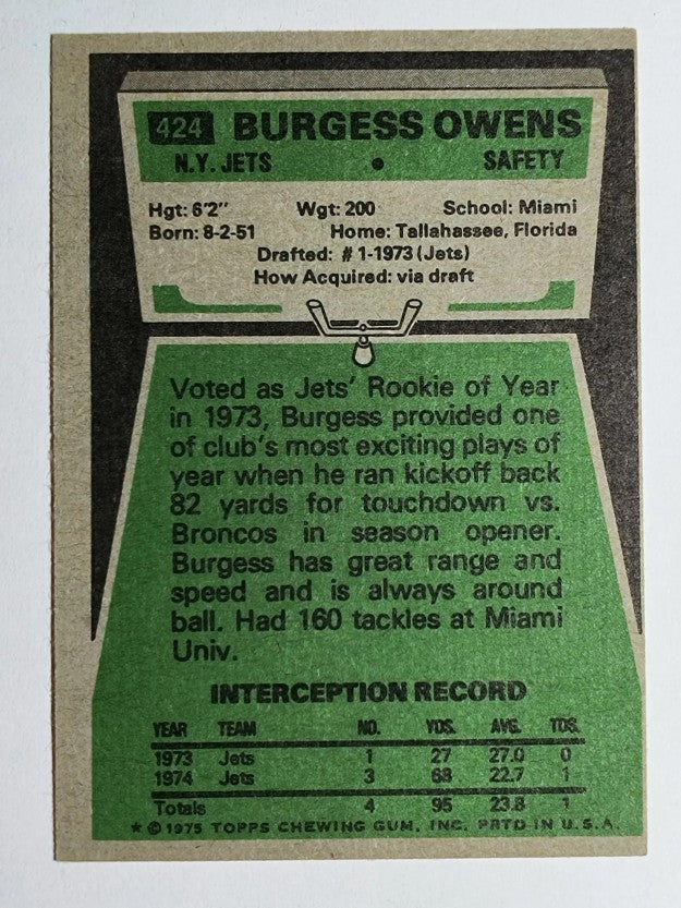 1975 Topps #424 Burgess Owens (EX)