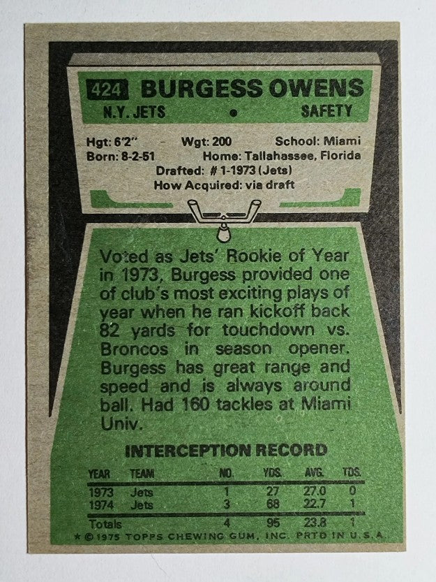 1975 Topps #424 Burgess Owens (VGEX)