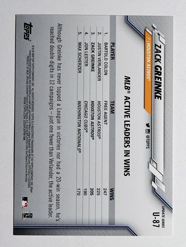 2020 Topps Update #U87 Zack Greinke